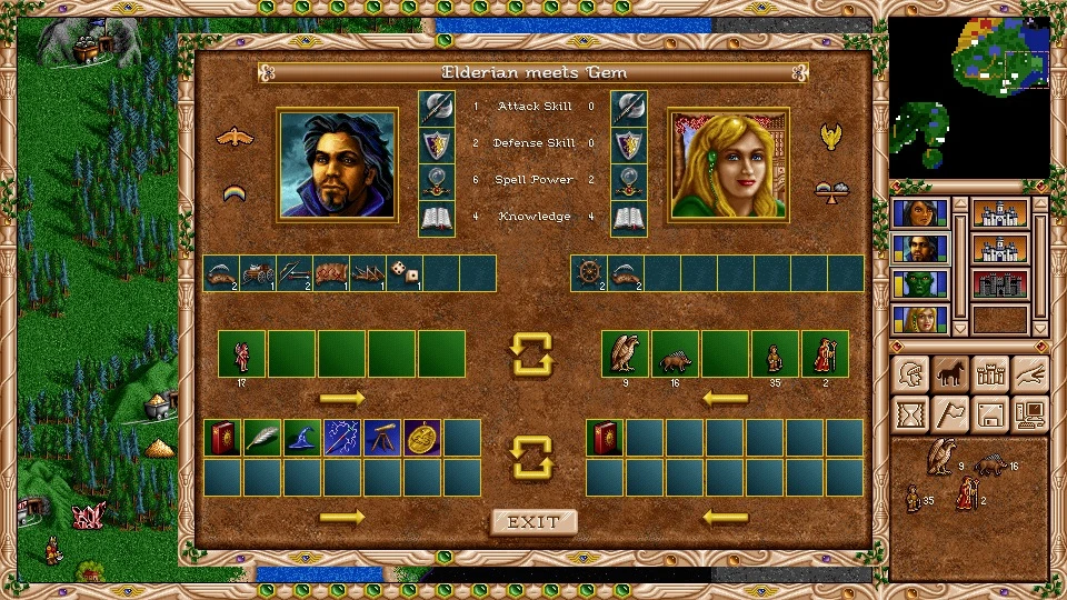 Скриншот интерфейса обмена героями с показом характеристик, юнитов и артефактов в Heroes of Might and Magic III через движок Fheroes2 Resurrection