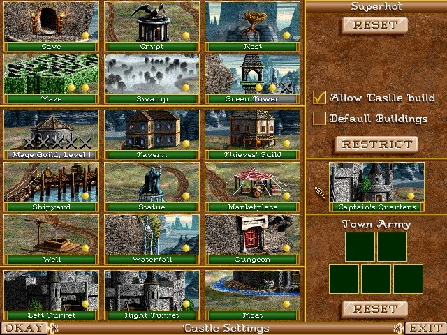 Скриншот экрана строительства замка с различными строениями, такими как пещера, крипта, таверна и подземелье в моде движка Heroes of Might and Magic III