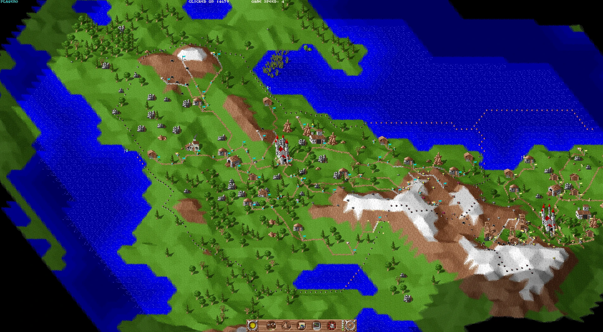Ізометричний вид ігрового процесу The Settlers 1993 з поєднаними будівлями, дорогами та різноманітним рельєфом