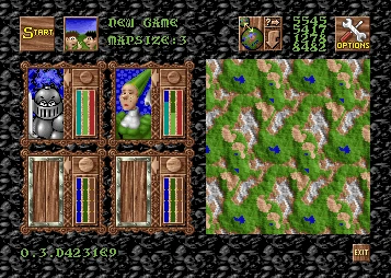 Spielbildschirm von The Settlers 1993 mit Karte, Gelände und Charakterporträts neben Steuerungsoptionen