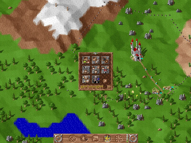 Draufsicht auf grüne Landschaft mit Schloss, See, Bäumen und Benutzeroberfläche aus dem Spiel The Settlers 1993 mit Freeserf Mod
