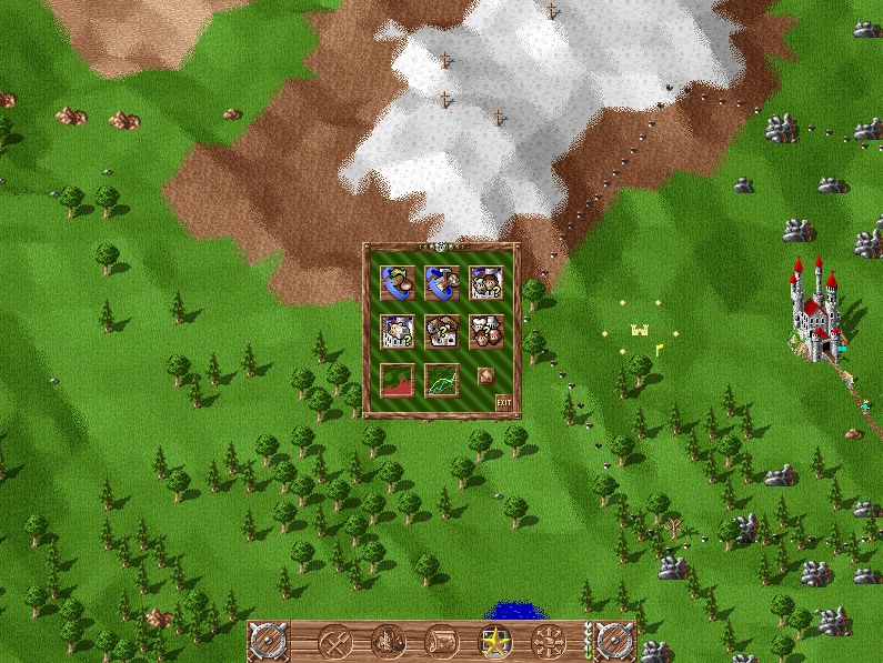 Spielbildschirm von The Settlers 1993 mit Karte aus grünen Wäldern, Bergen, einer Burg und geöffnetem Einheiten-Auswahlfenster