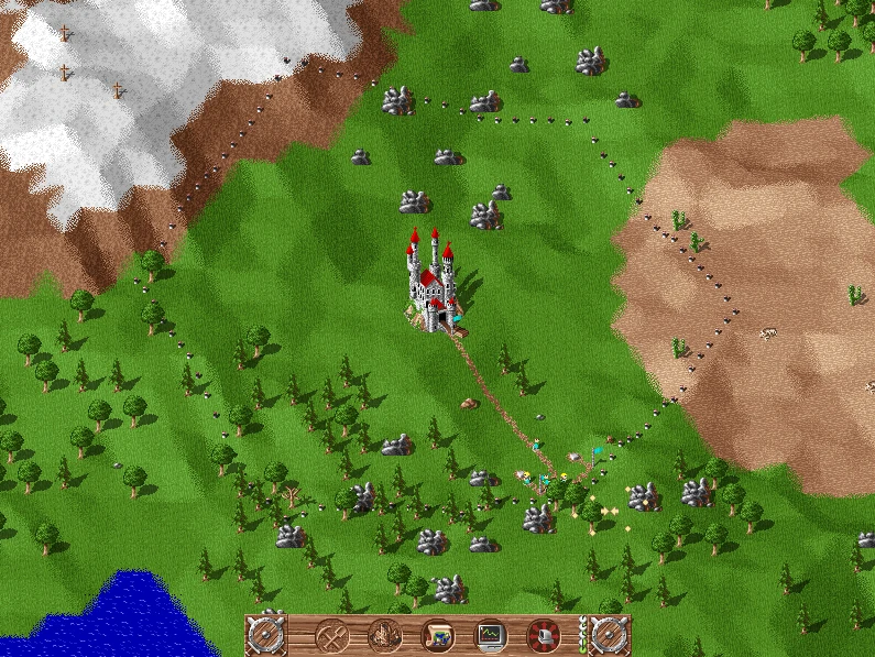 Screenshot von The Settlers 1993 mit einer Burg umgeben von Wäldern, Bergen, Wüste und Wasser mit Freeserf Engine