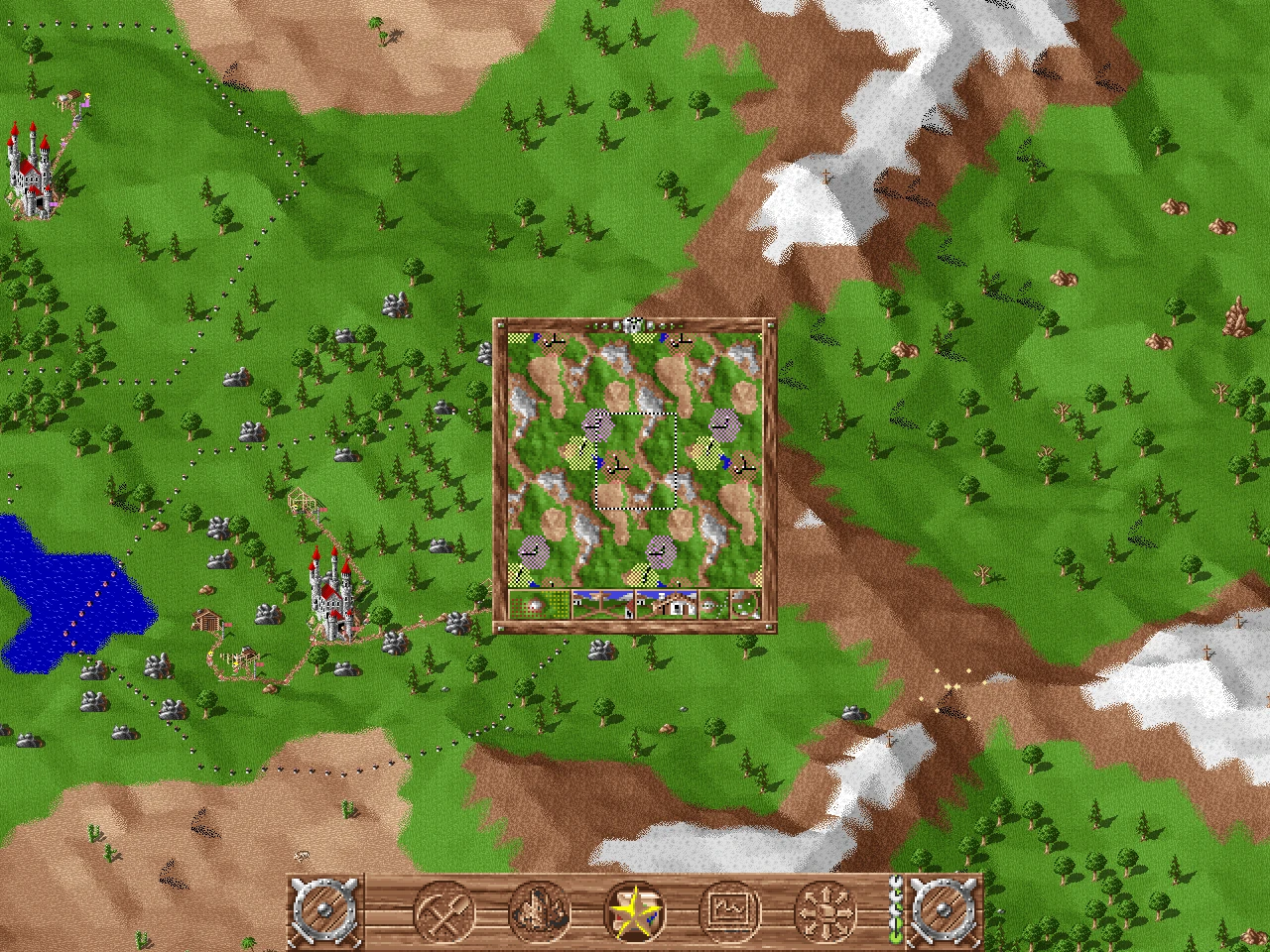 Top-Down-Spielbildschirm zeigt grüne Landschaft mit Burgen, Wäldern, Bergen und Karteninterface mit Holzsymbolen