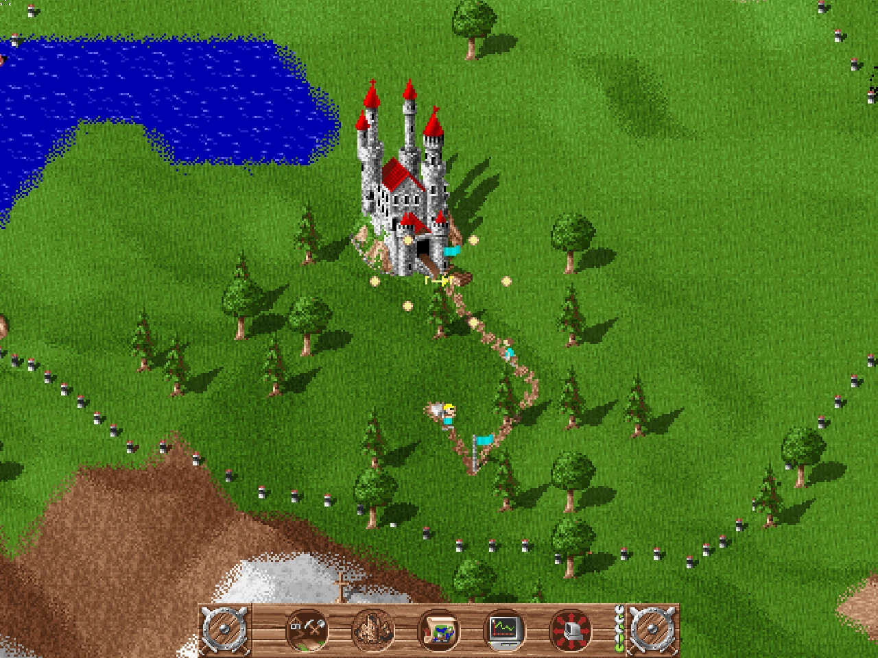 Pixel-Art-Screenshot zeigt eine Burg mit roten Dächern und Siedler, die Waren entlang eines Pfads in grüner Landschaft tragen