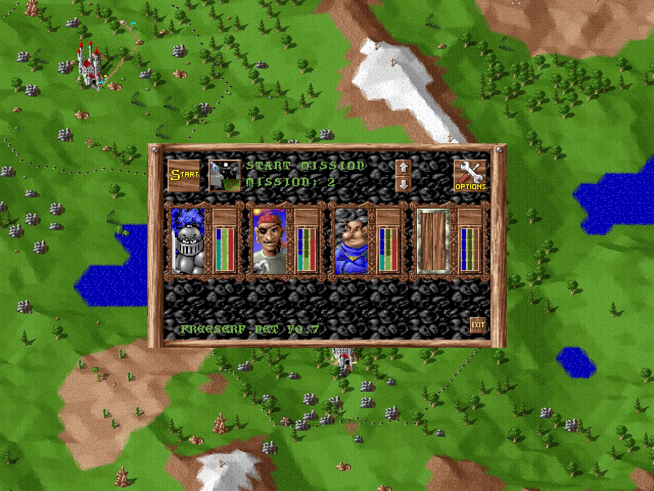 Spieloberfläche zeigt Missionsstart mit vier Charakterporträts und grüner Landschaftskarte aus The Settlers 1993