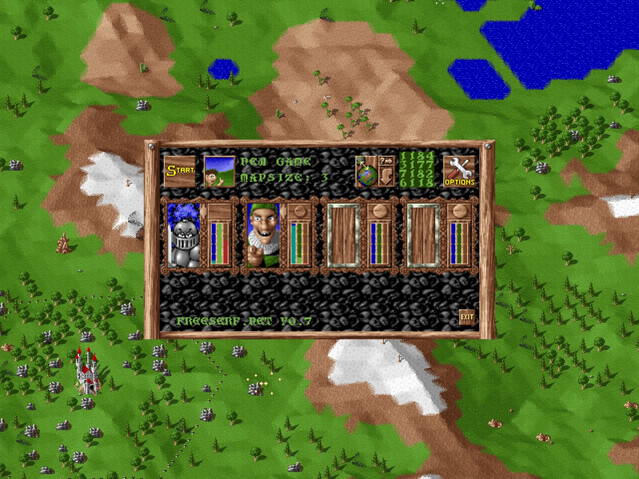 The Settlers 1993 Spielbildschirm mit Freeserf.net Engine Mod Menü über Karte mit Burgen, Bäumen, Seen