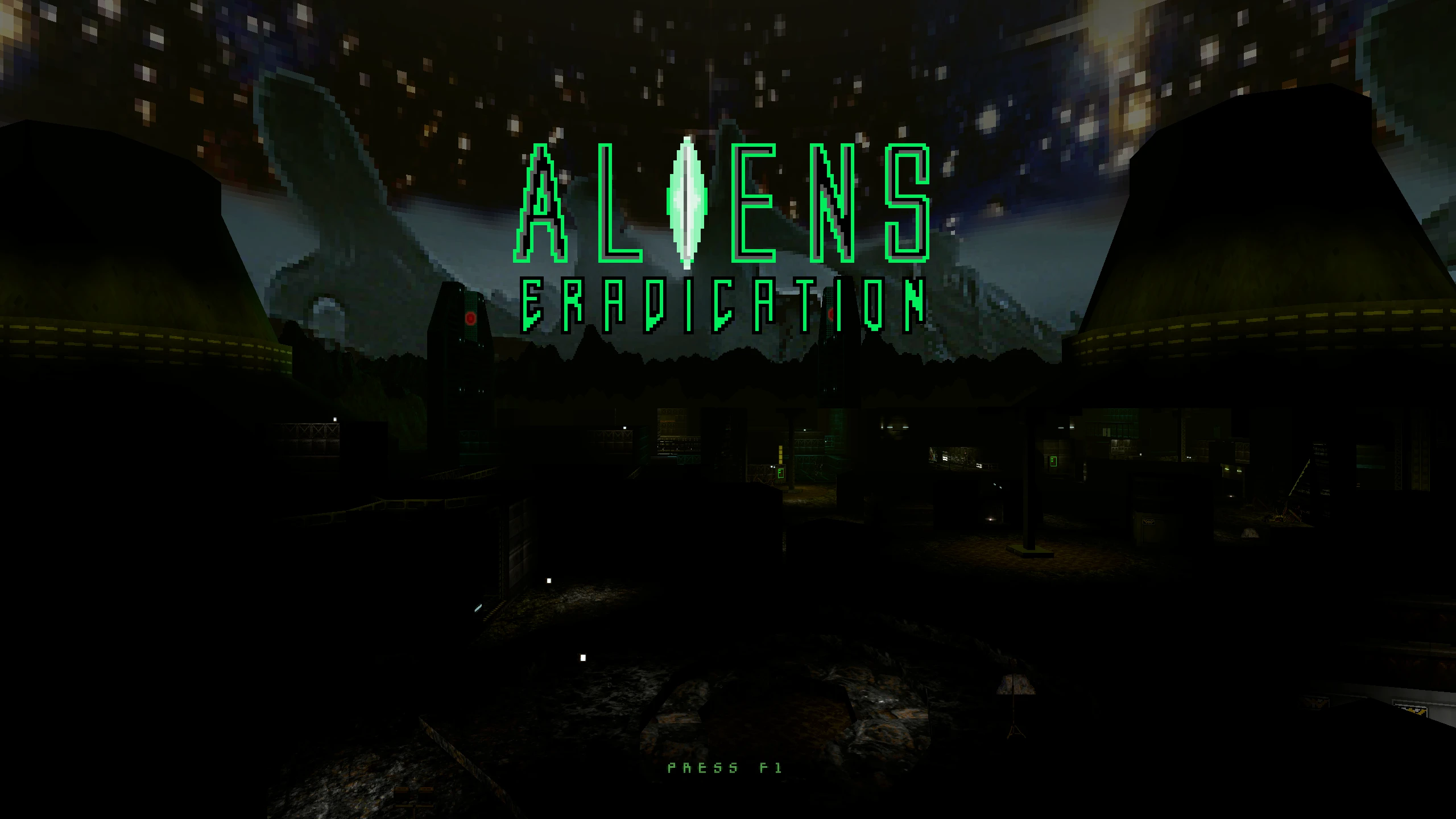 Dunkler Titelscreen des Alien Eradication Mods im GZDoom-Engine mit Alienbasis im Hintergrund