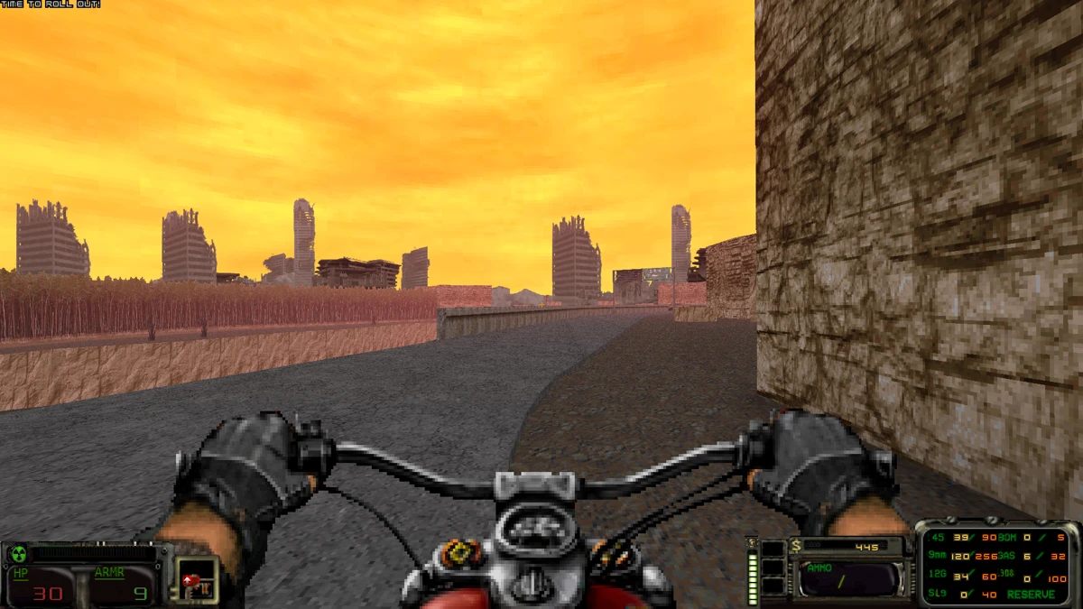 Ego-Perspektive beim Motorradfahren auf rissiger Straße mit zerstörter Stadtlandschaft in Doom II mit GZDoom