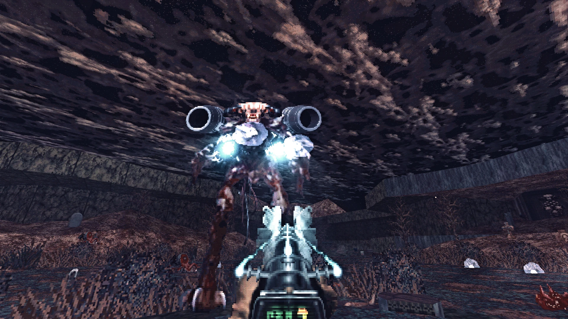 Erste-Person-Perspektive mit futuristischer Waffe, die auf einen fliegenden mechanischen Dämon in einer dunklen Höhle mit detaillierten Texturen zielt