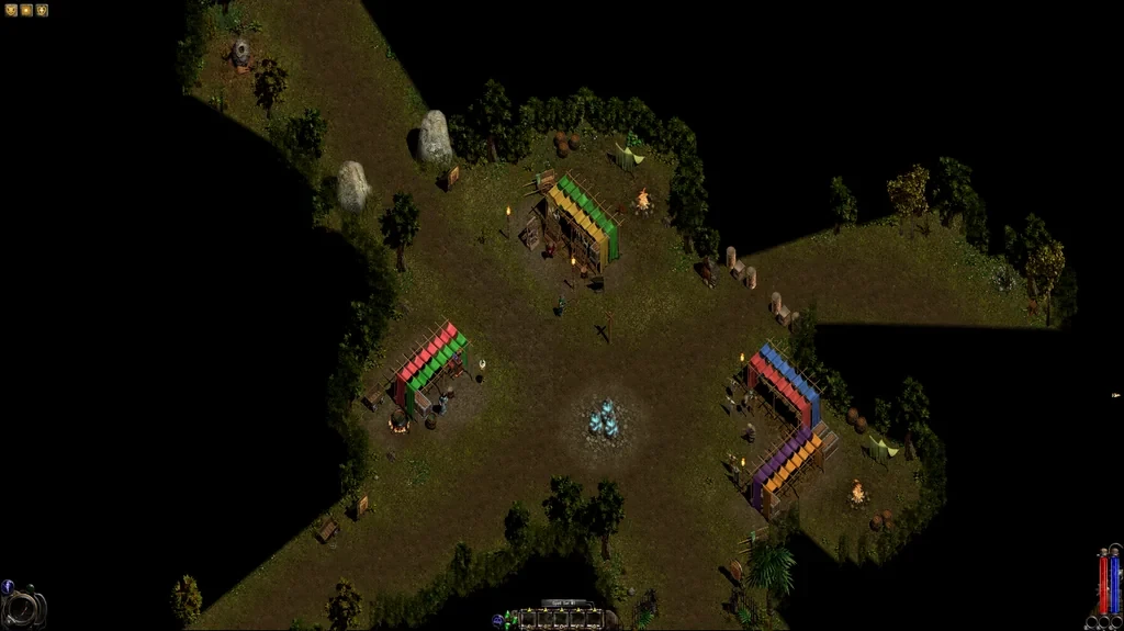 Draufsicht auf eine symmetrische Arena mit bunten Spawnpunkten in Nox mit OpenNox