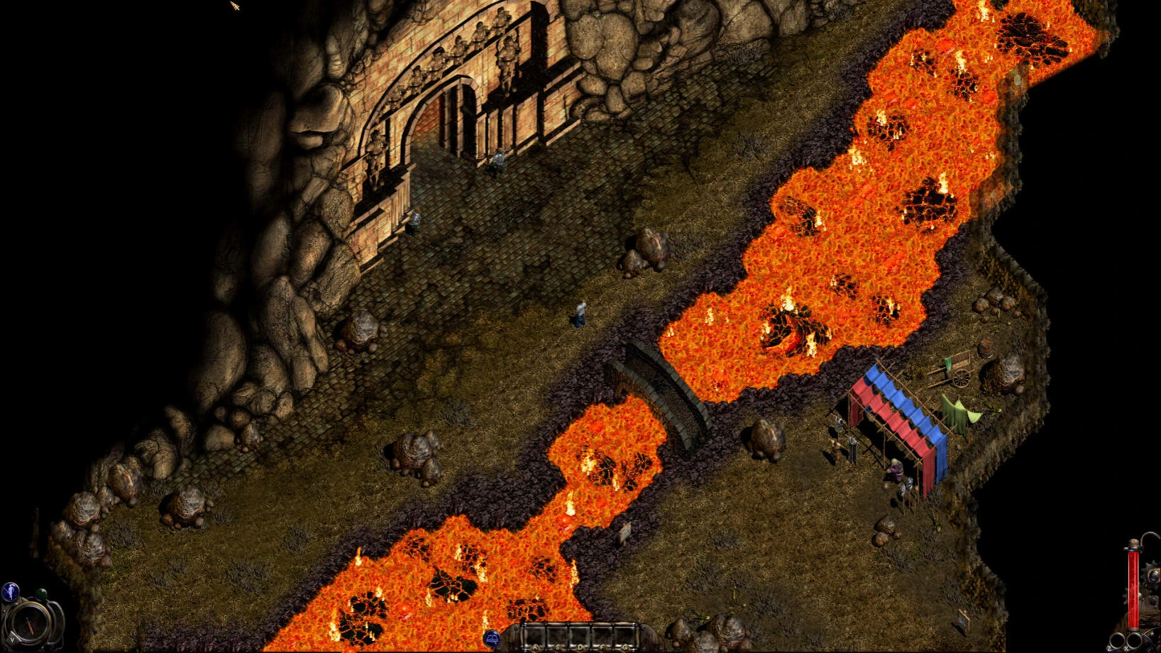 Isometrische Ansicht einer lavagefüllten Höhle mit Holzbrücke im Spiel Nox, betrieben mit der OpenNox-Engine