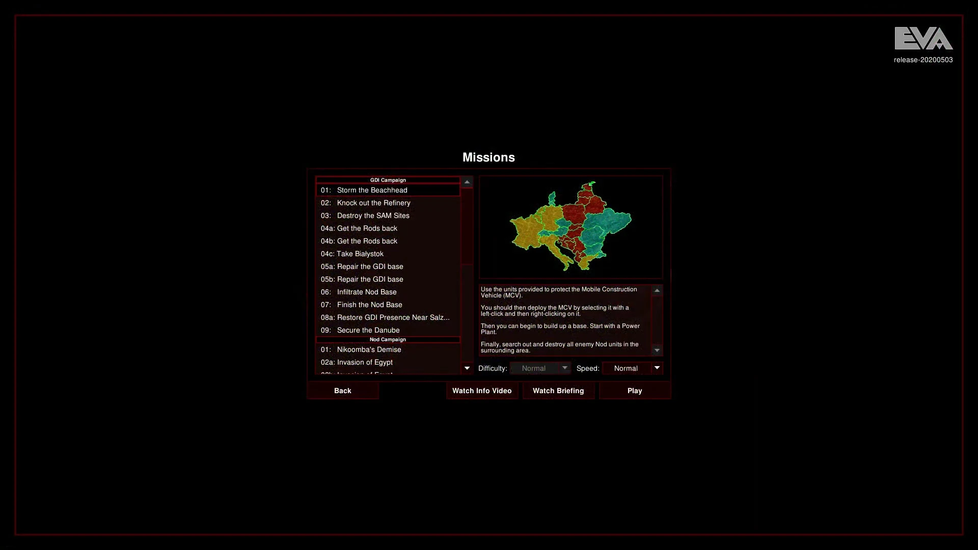Interfejs OpenRA pokazujący listę misji Command & Conquer Tiberian Dawn z mapą i opisem misji