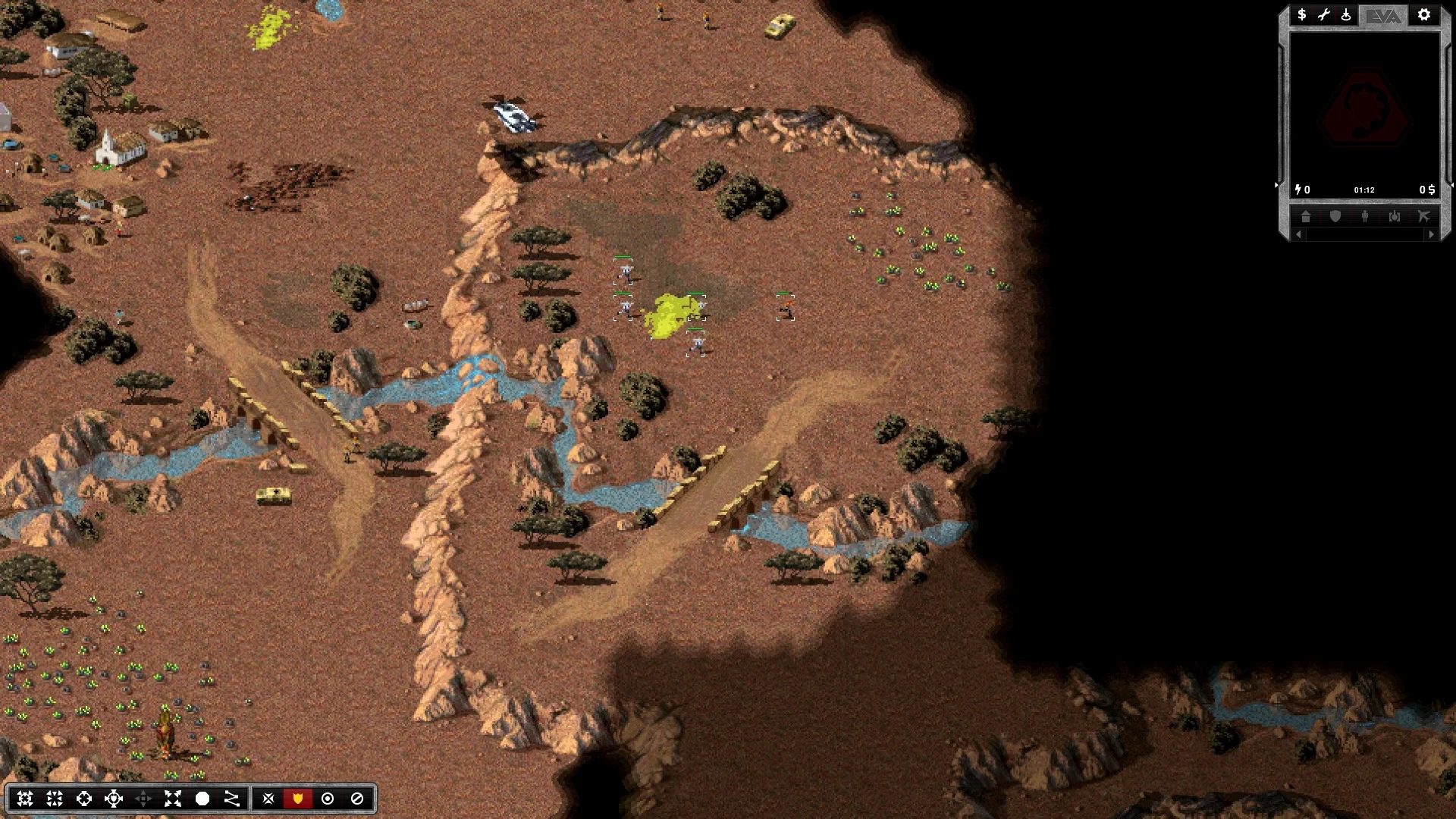 Zrzut ekranu pokazujący jednostki piechoty przy rzece z mostami i zasobami w Command & Conquer Tiberian Dawn na silniku OpenRA