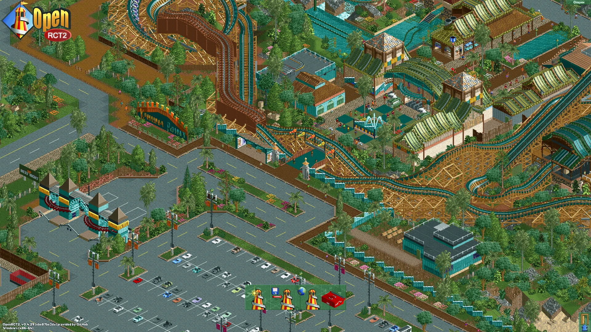 Izometryczny widok wejścia do parku z kasami, parkingiem z samochodami i drewnianą kolejką górską