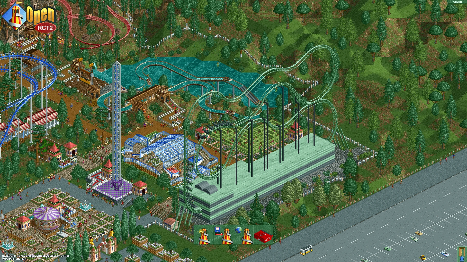 Zrzut ekranu szczegółowego parku rozrywki w OpenRCT2 z rollercoasterami, atrakcjami, ścieżkami i dekoracjami