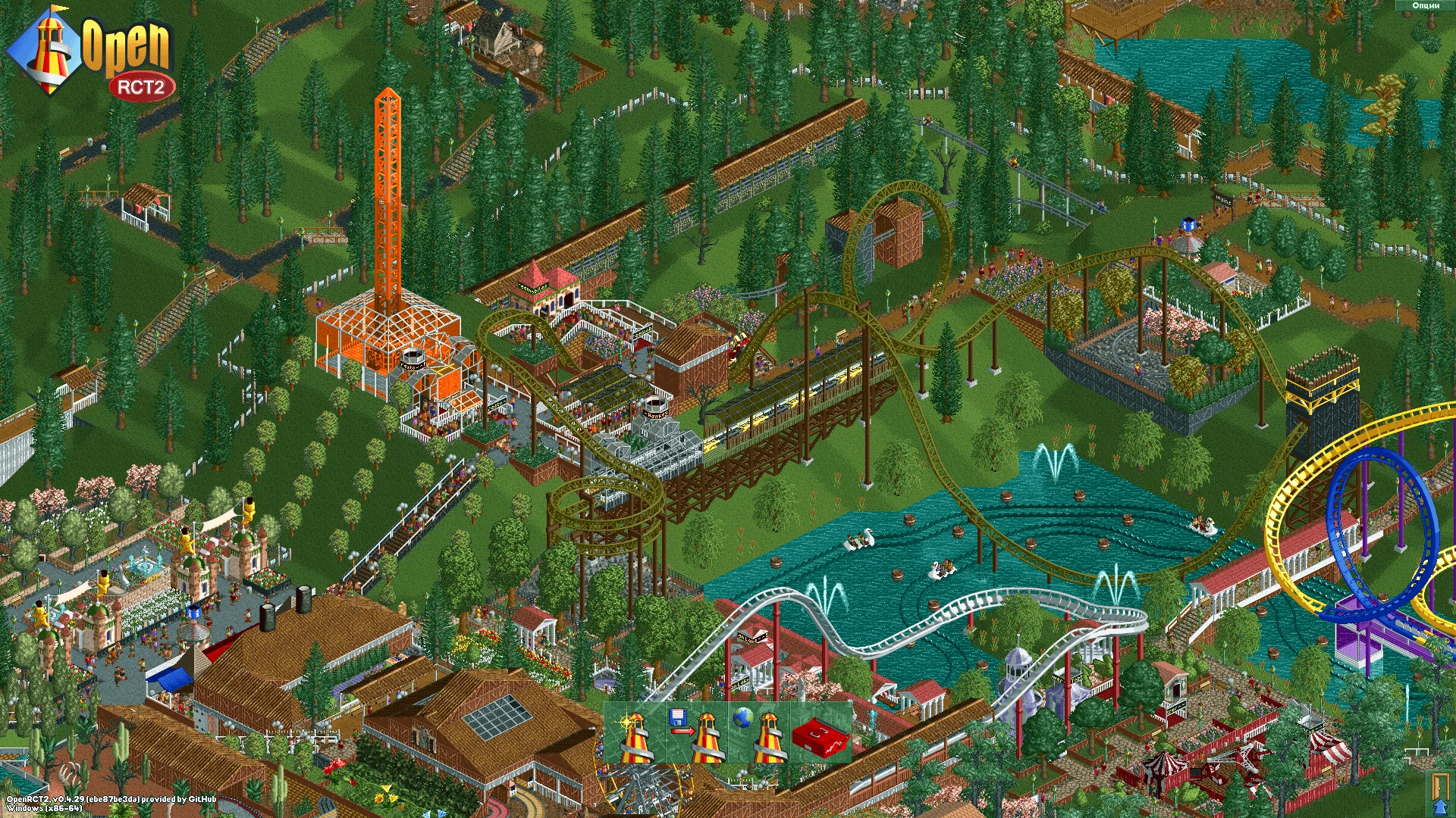 Szczegółowy widok parku RollerCoaster Tycoon 2 w OpenRCT2 z kolejkami górskimi, wodą i ścieżkami dla gości