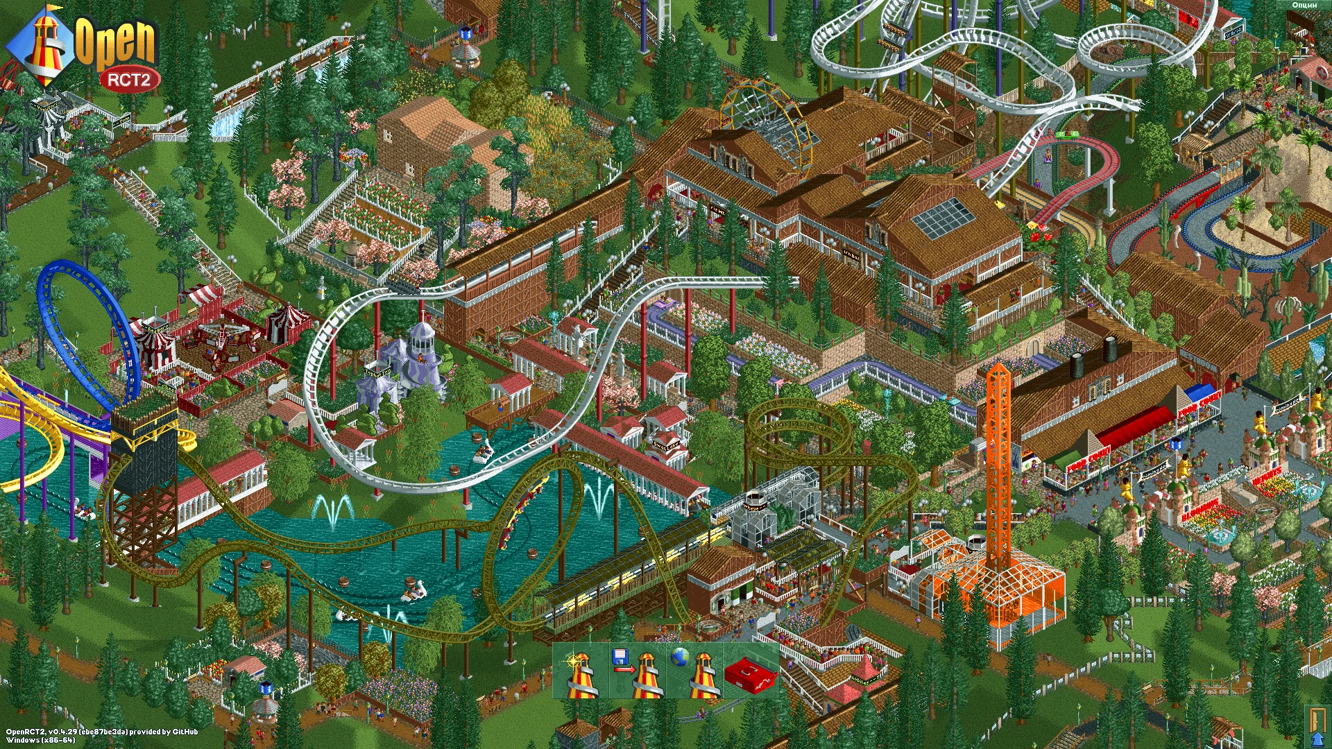 Zrzut ekranu przedstawiający szczegółowy park rozrywki z wieloma kolejkami górskimi, wodospadami i bujną zielenią w OpenRCT2