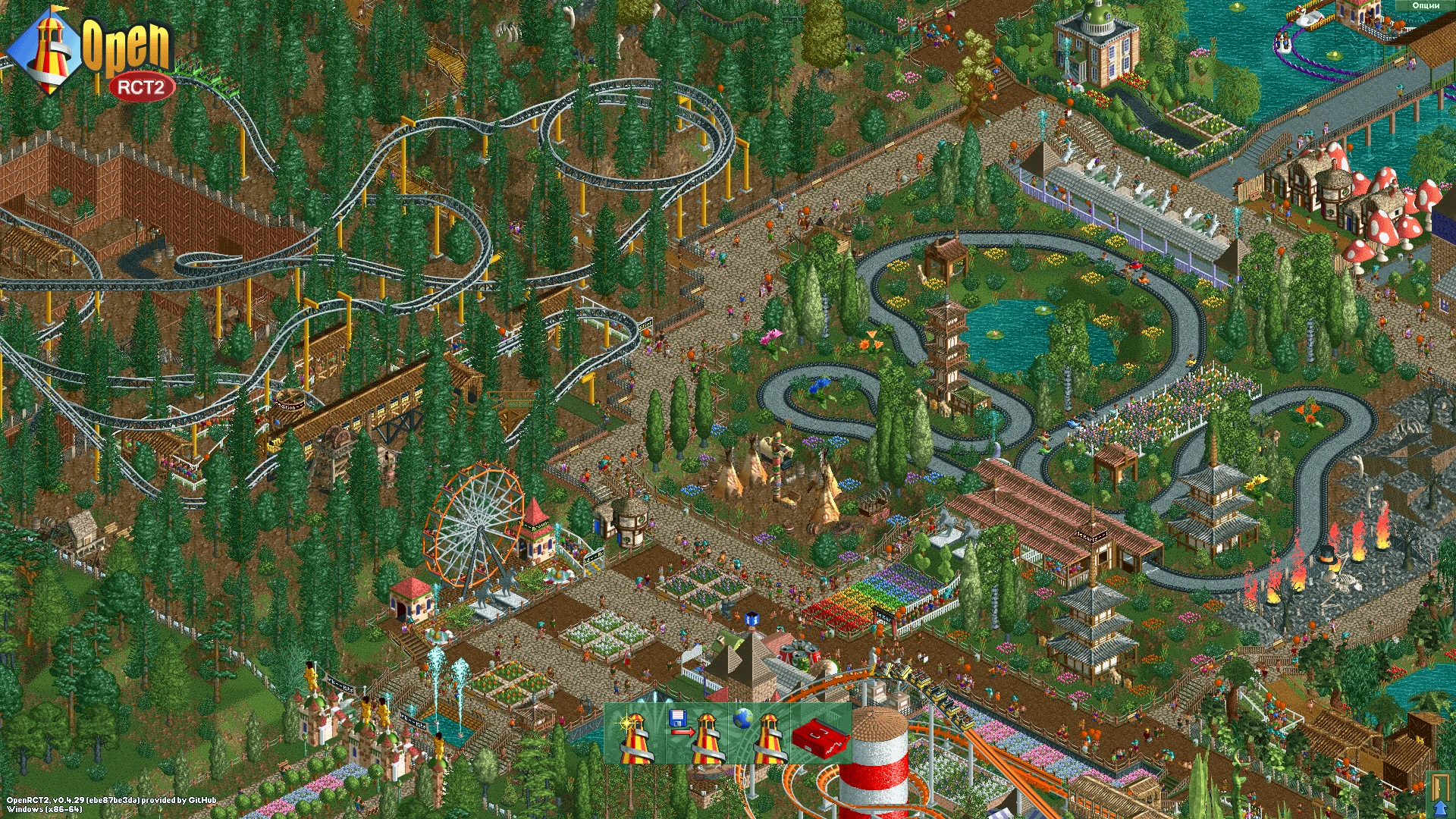 Widok izometryczny tematycznego parku rozrywki z rollercoasterami, diabelskim młynem, ścieżkami i gośćmi w OpenRCT2