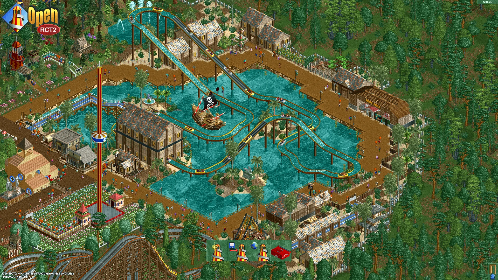 Zrzut ekranu wodnej kolejki górskiej z pirackim statkiem i drewnianymi pomostami otoczonymi drzewami w OpenRCT2