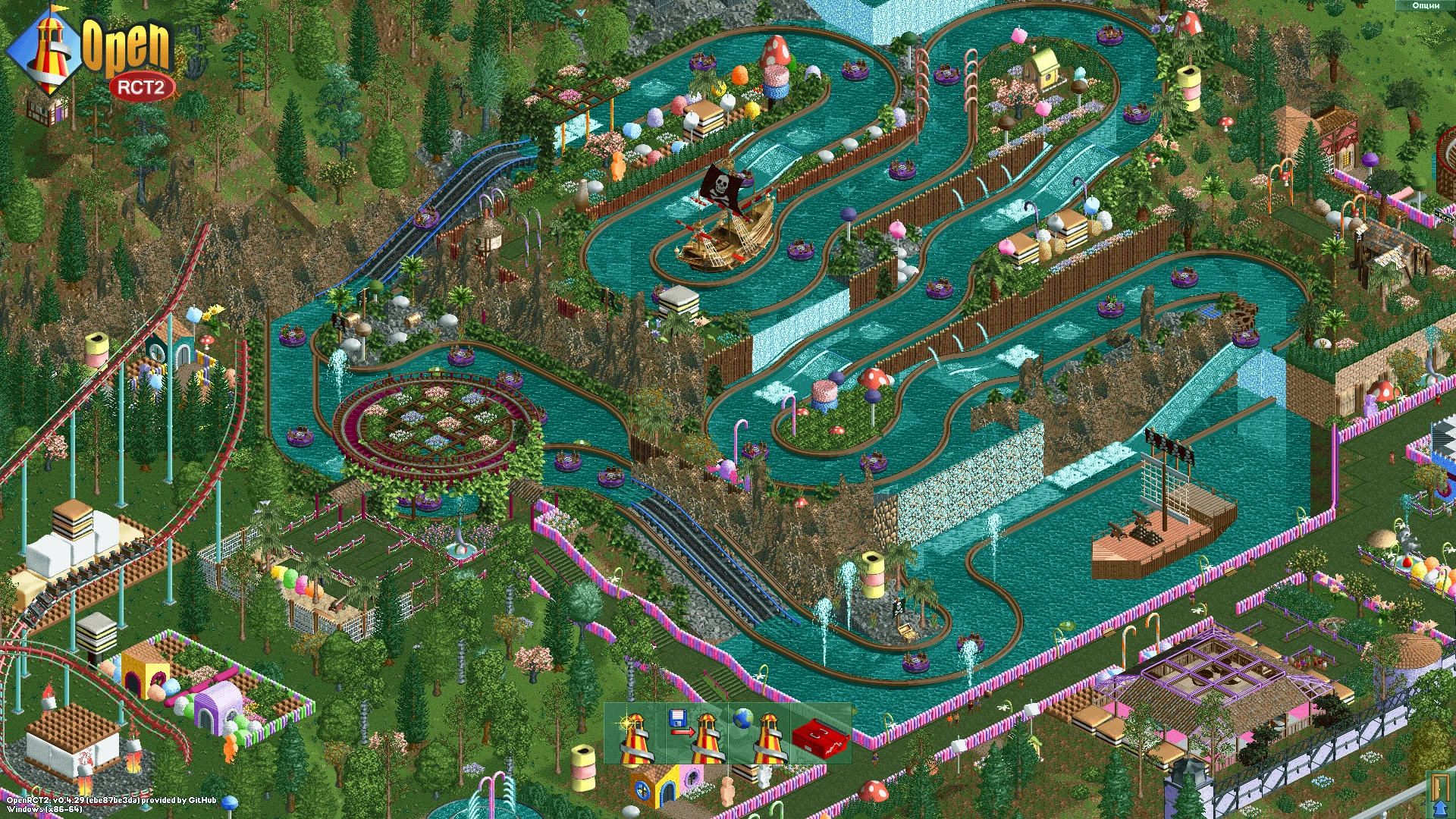 Widok z góry na szczegółową kolejkę wodną z łodziami i tematycznymi dekoracjami w OpenRCT2