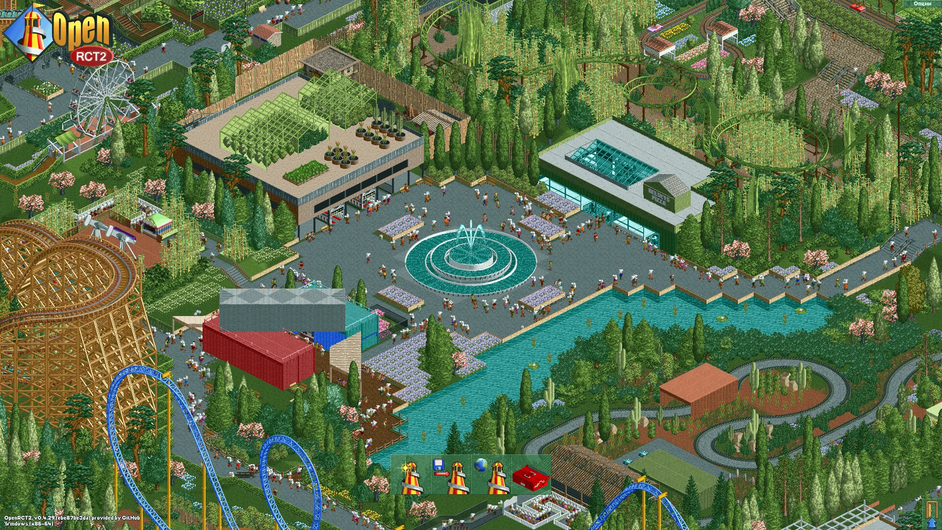 Izometryczny zrzut ekranu parku RollerCoaster Tycoon 2 z drewnianą i niebieską stalową kolejką, fontanną, szklarniami i ścieżkami z gośćmi