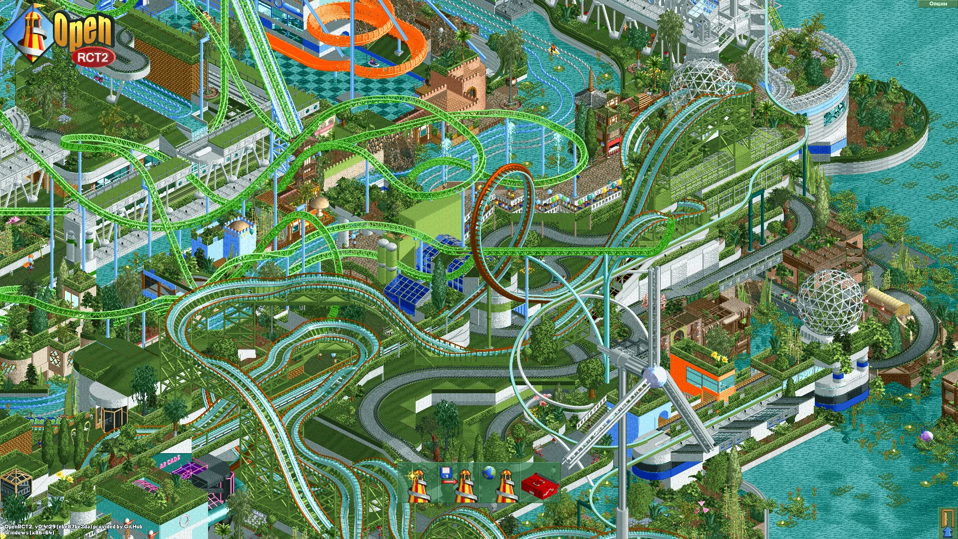 Izometryczny widok parku rozrywki z zielonymi kolejkami górskimi i różnymi atrakcjami w RollerCoaster Tycoon 2 z OpenRCT2