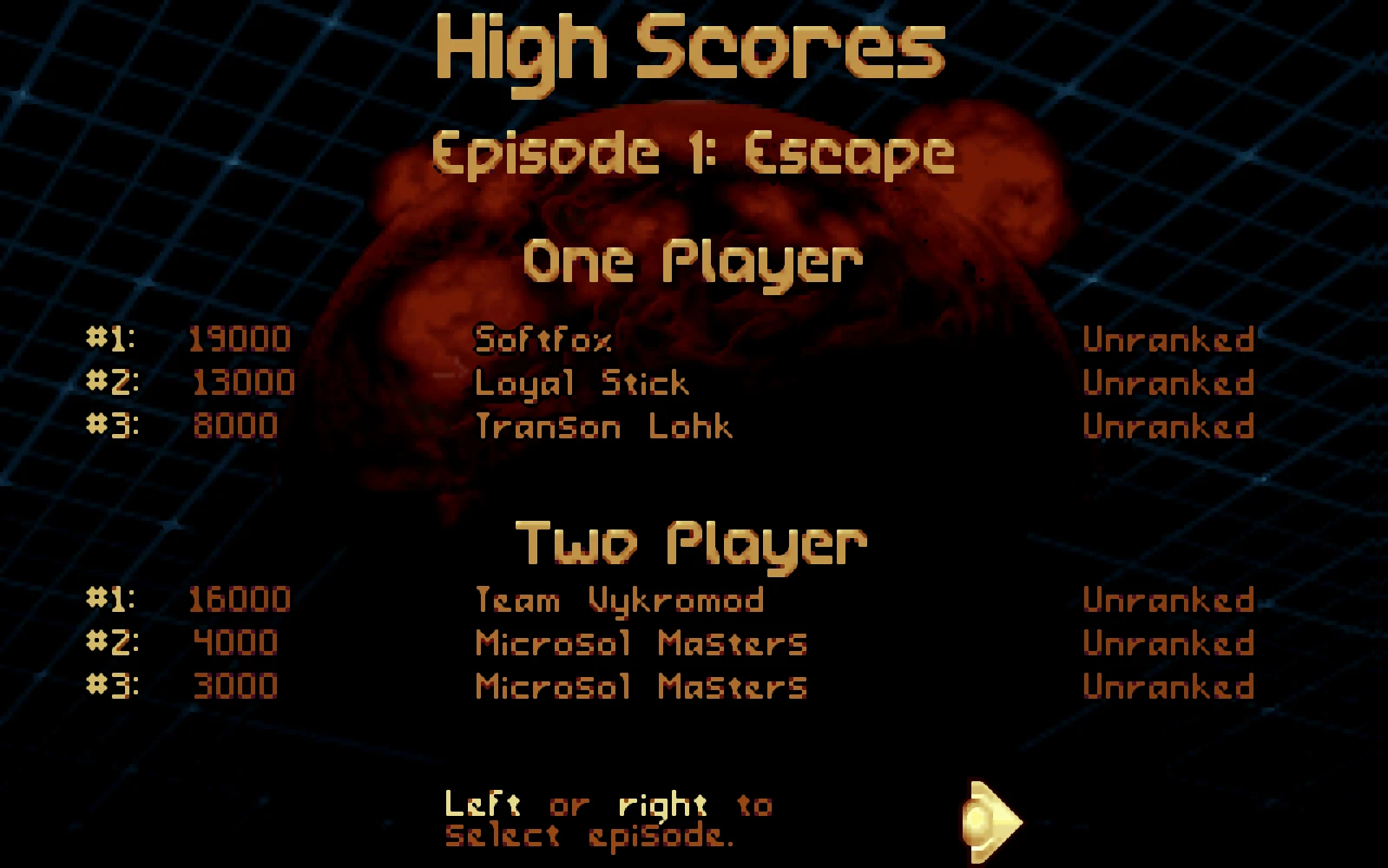 Pantalla de puntuaciones altas para el Episodio 1 Escape en Tyrian 2000 mostrando nombres de jugadores y puntuaciones para modos de uno y dos jugadores