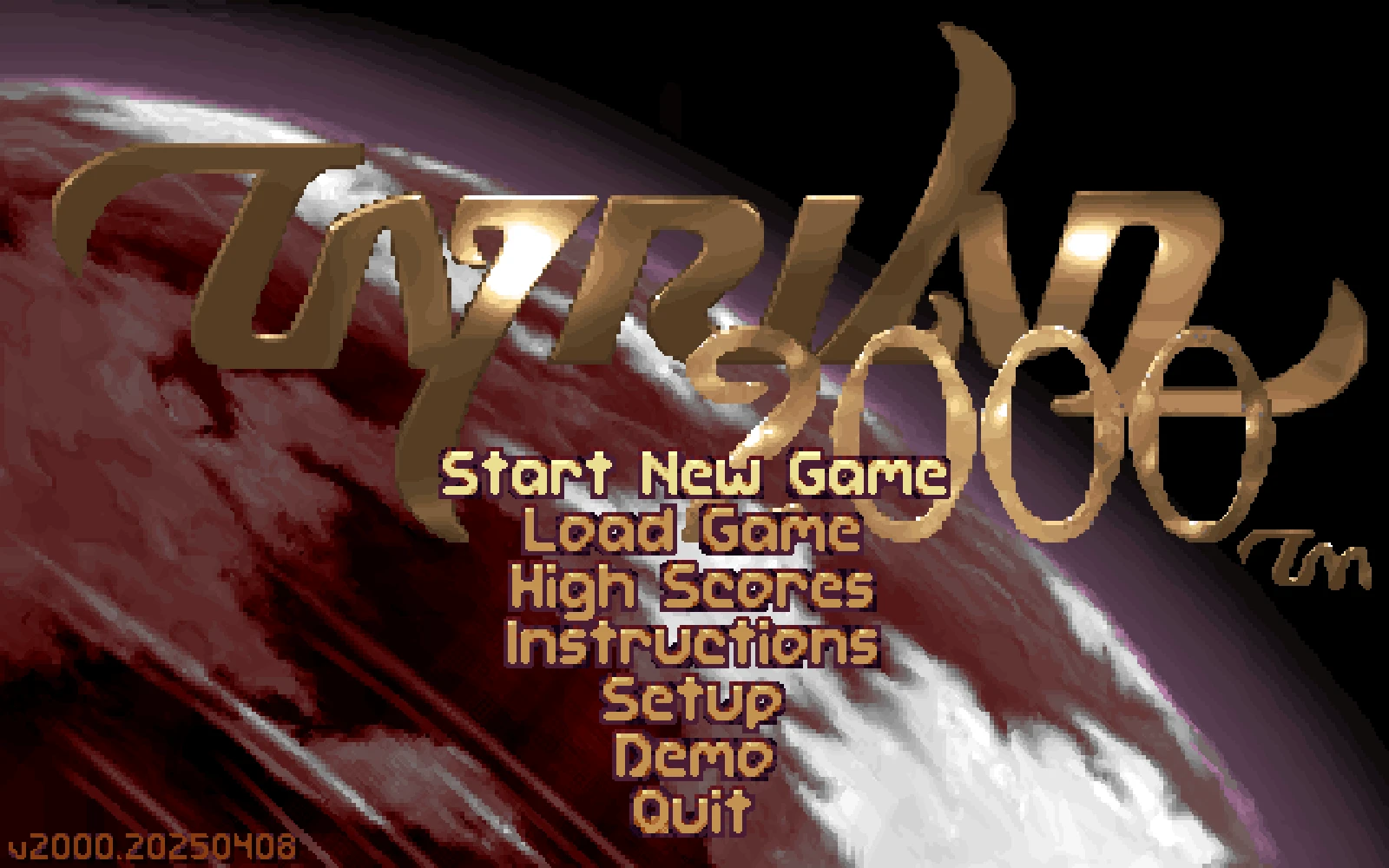 Menú principal de Tyrian 2000 con opciones como Iniciar nuevo juego, Cargar juego, Puntuaciones altas, Instrucciones sobre fondo de planeta