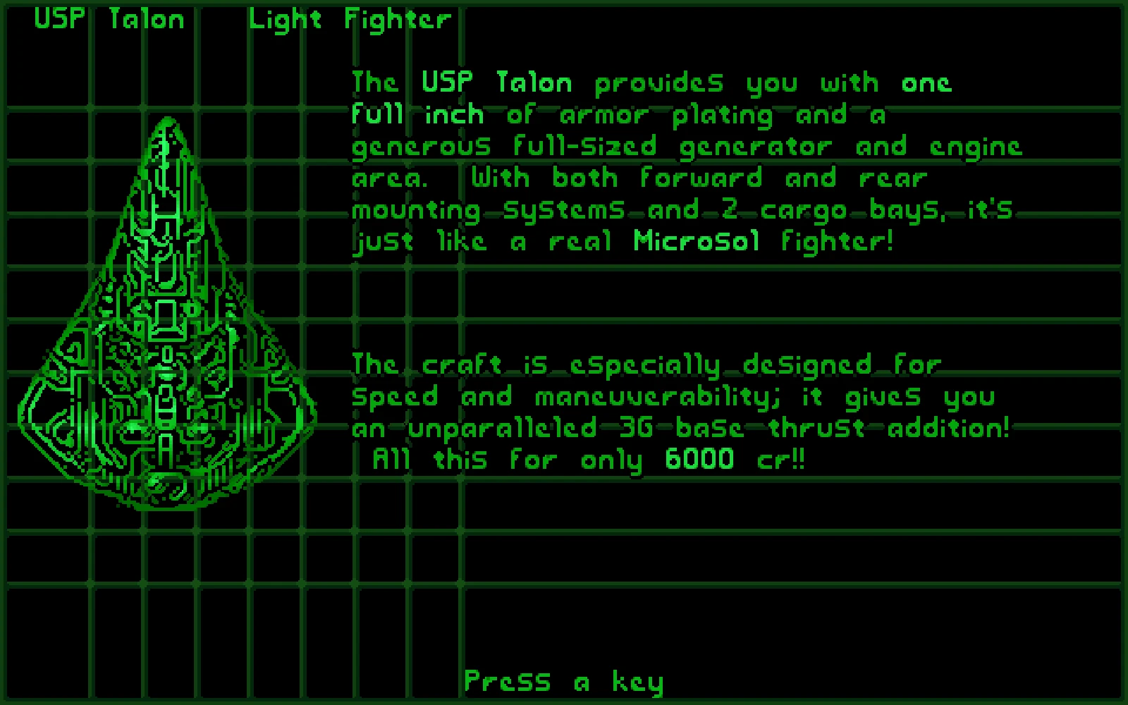 Imagen en verde del cazador ligero USP Talon con descripción y estadísticas en interfaz retro de juego
