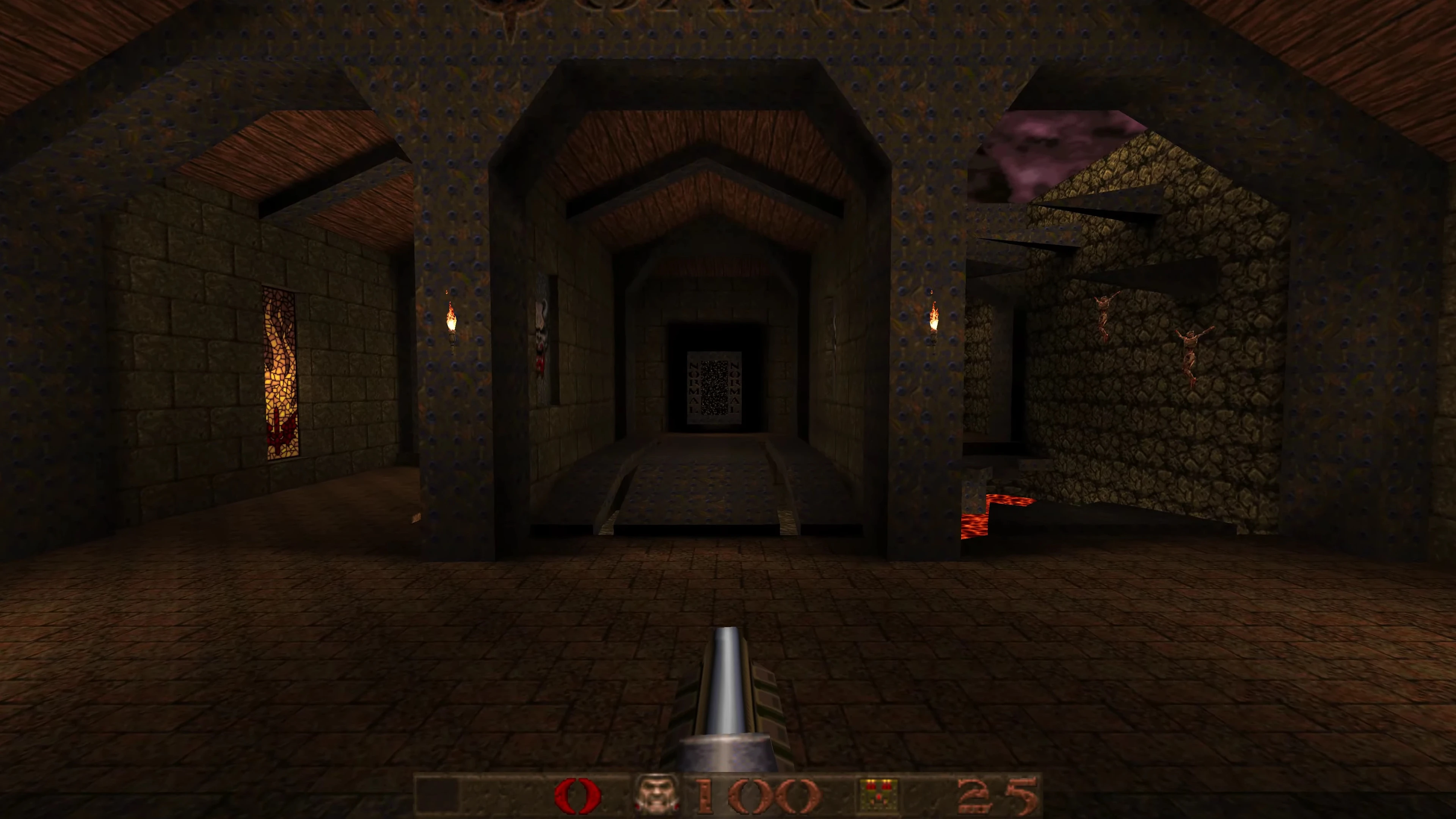 First-person view of a medieval stone corridor with a shotgun weapon ready in Quake 1996 using Quakespasm-Spiked engine