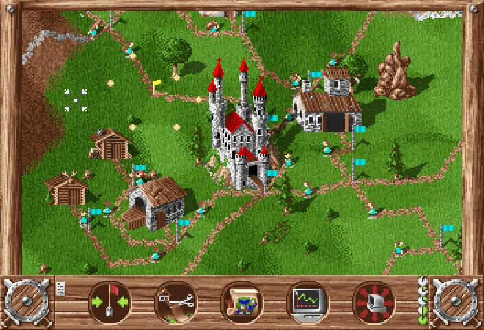 Castillo con banderas rojas y casas alrededor en The Settlers (1993), ejecutado en el motor Serflings