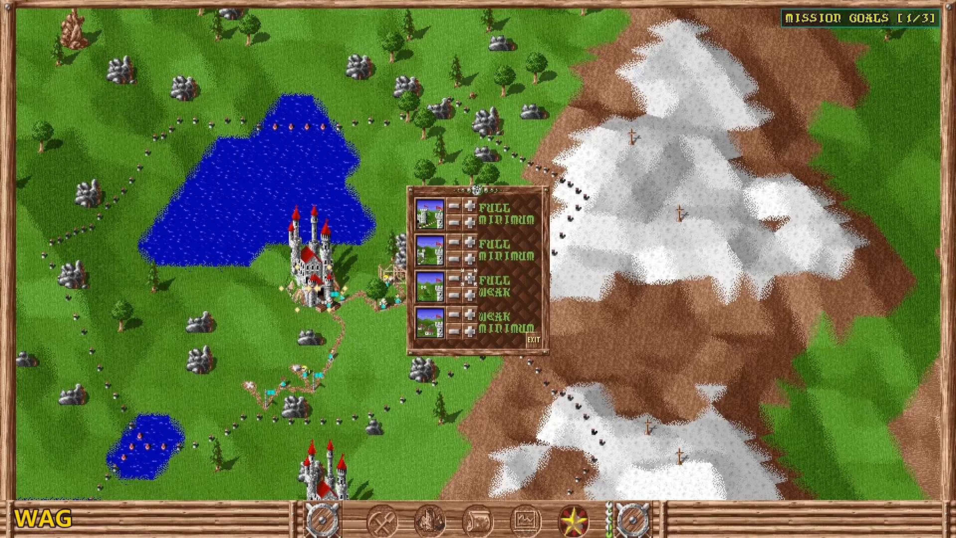 Castillo y caminos cerca de montañas nevadas en The Settlers (1993), ejecutado en el motor Serflings