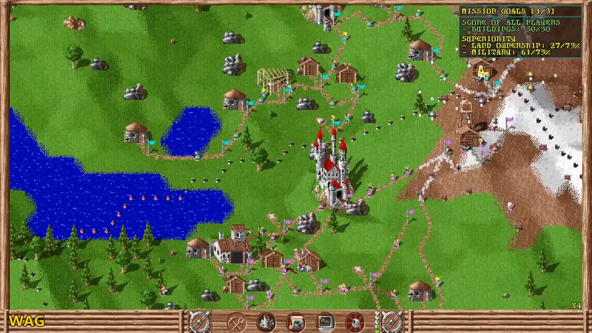 Castillo rodeado de edificios, lagos y montañas en The Settlers (1993), ejecutado en el motor Serflings