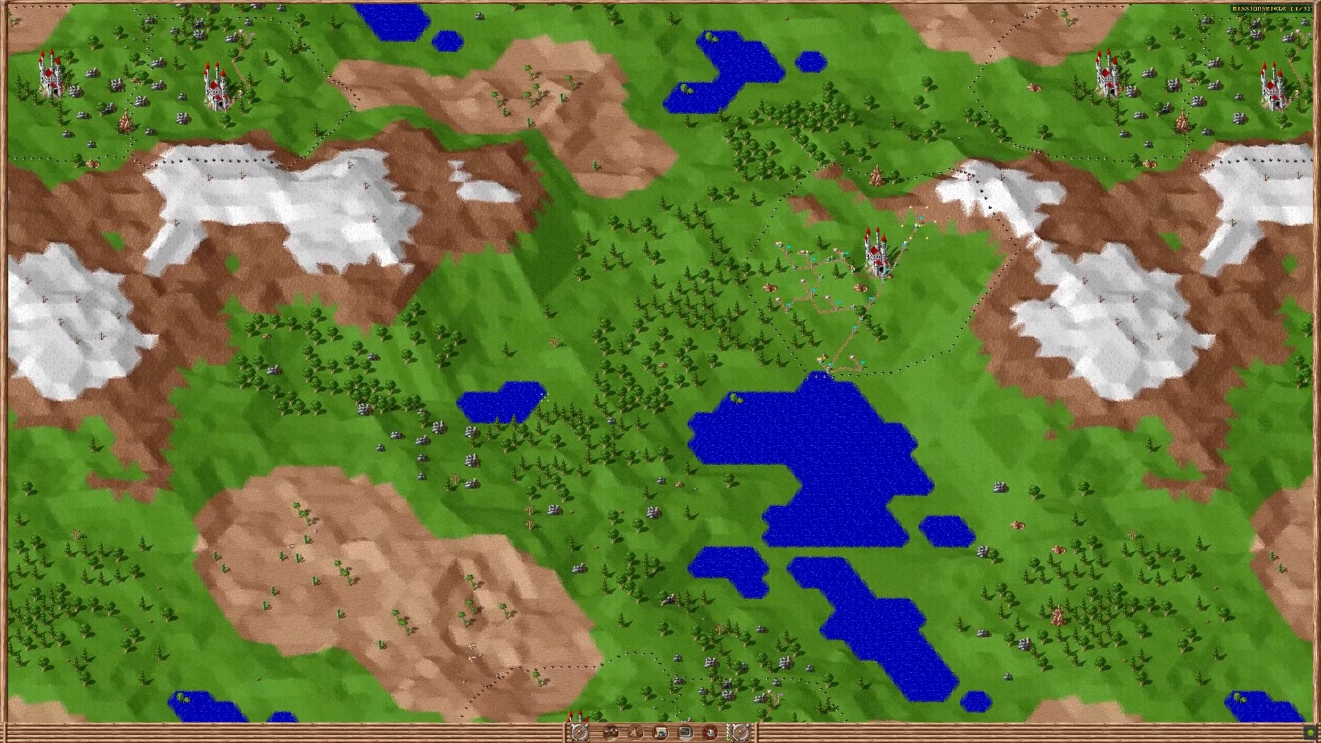 Vista estratégica del terreno con lagos, bosques y montañas en The Settlers (1993), ejecutado en el motor Serflings
