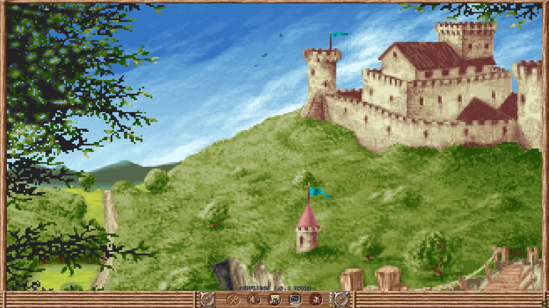 Un castillo medieval en una colina verde en The Settlers (1993), ejecutado en el motor Serflings