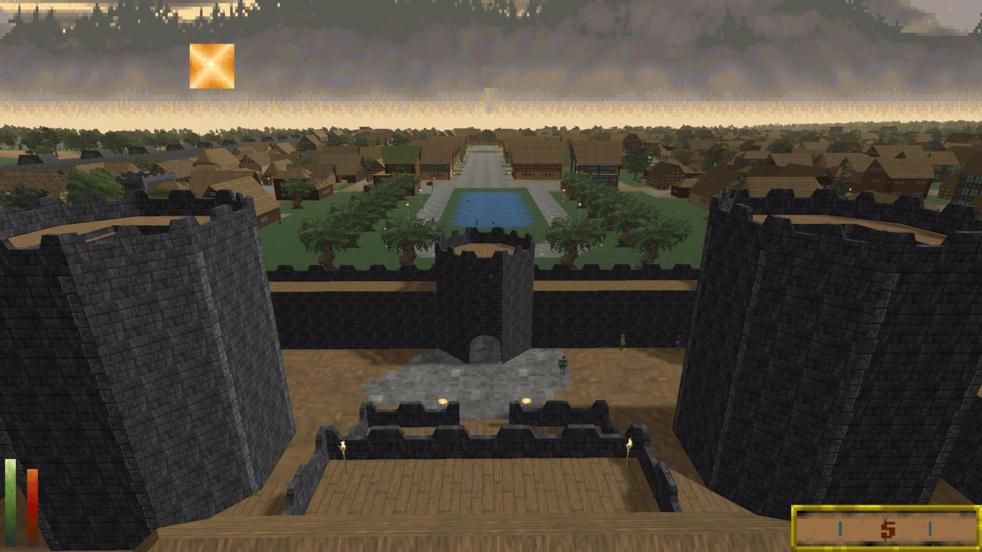 Screenshot zeigt mittelalterliche Stadt mit steinernen Burgtürmen, Mauern und Häusern unter bewölktem Himmel