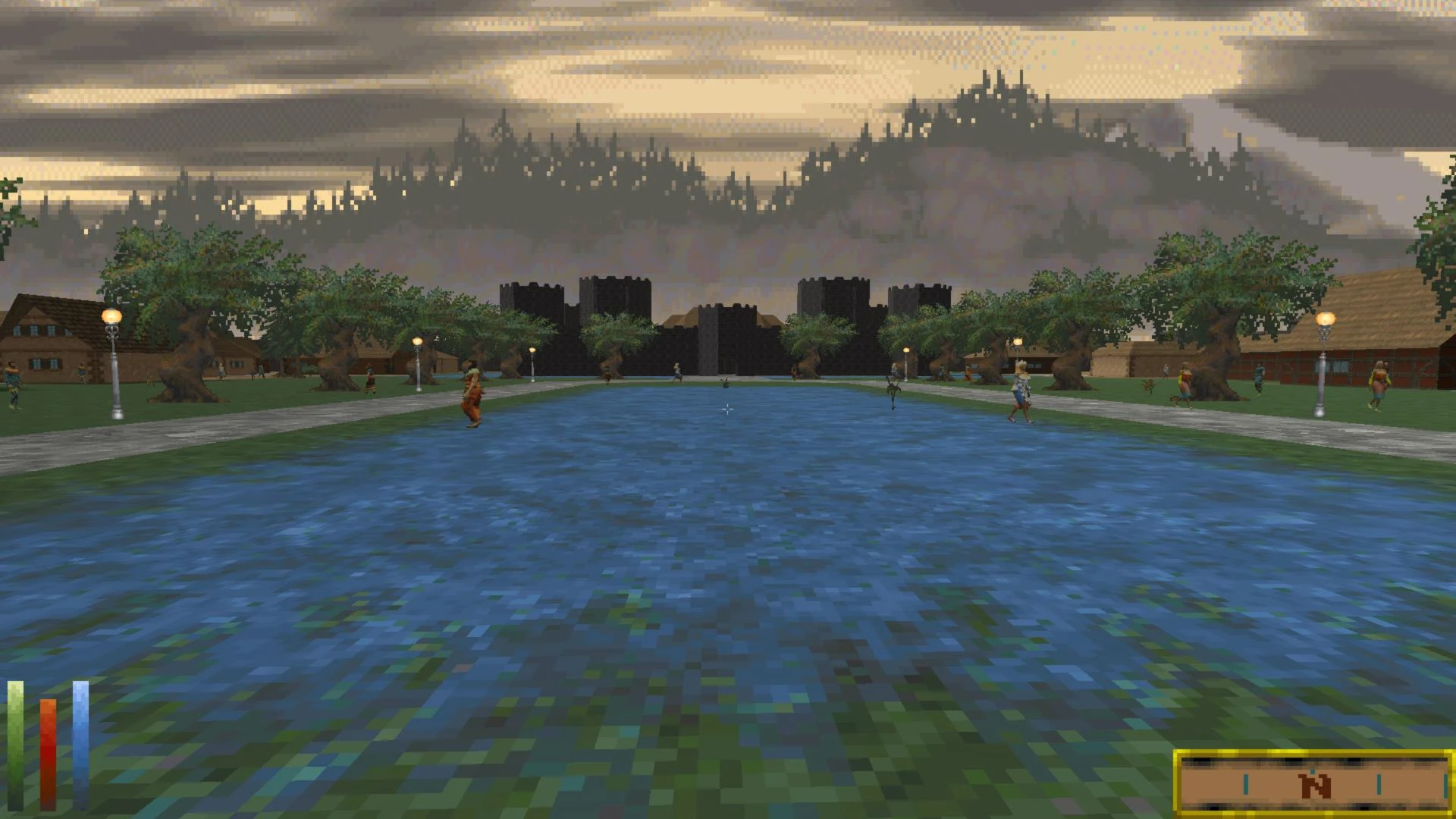 Pixelige Spielszenen mit großem Teich, umgebenden Bäumen und Menschen in der Nähe einer Burg unter bewölktem Himmel