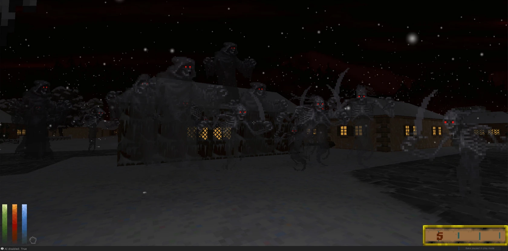 Untote mit roten Augen greifen in einem verschneiten Dorf bei Nacht mit leuchtenden Fenstern im The Elder Scrolls II Daggerfall Unity an