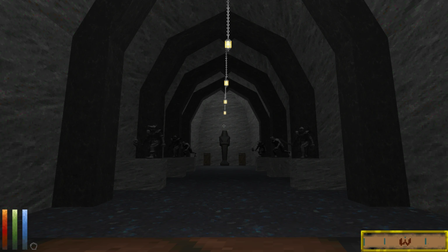 Spielansicht eines dunklen Steinkorridors mit hängenden Lampen und Statuenfiguren an den Wänden in Daggerfall Unity