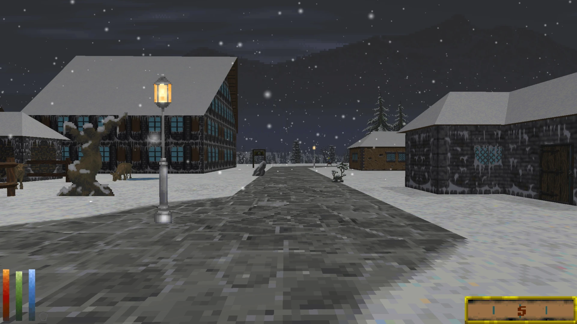 Spielansicht einer verschneiten Dorfstraße mit Laternen und Gebäuden in The Elder Scrolls II Daggerfall Unity