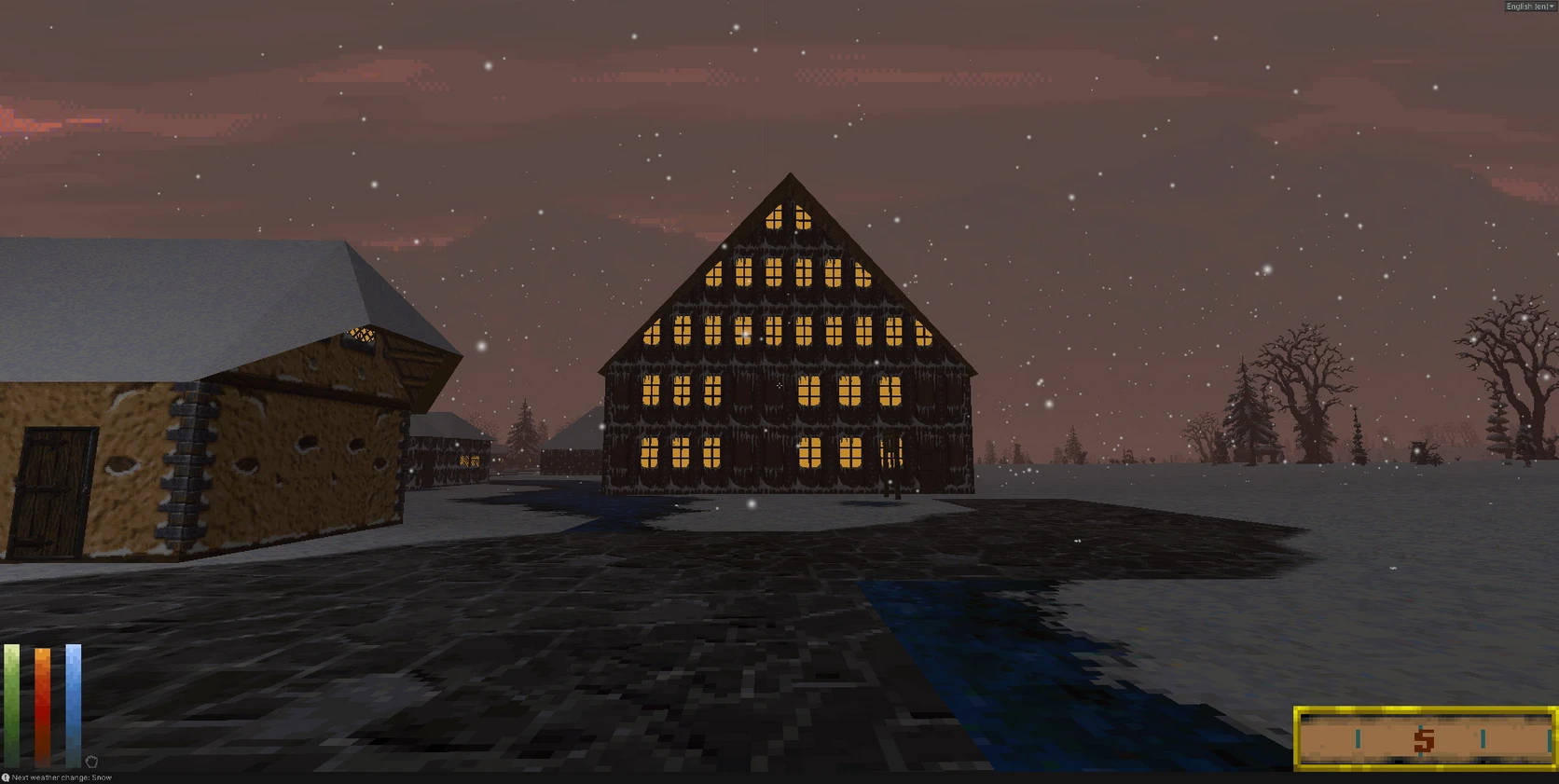 Pixelig verschneite Dorfszene bei Dämmerung mit beleuchteten Fenstern und Sternenhimmel in The Elder Scrolls II Daggerfall Unity