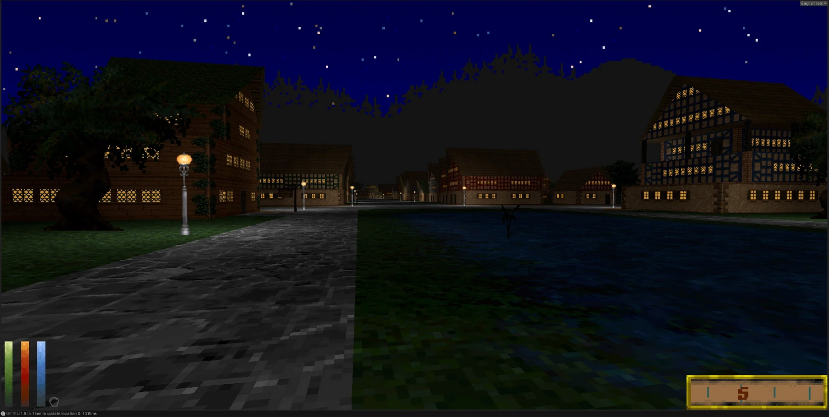 Pixelated nighttime streets and houses in The Elder Scrolls II Daggerfall Unity engine mod