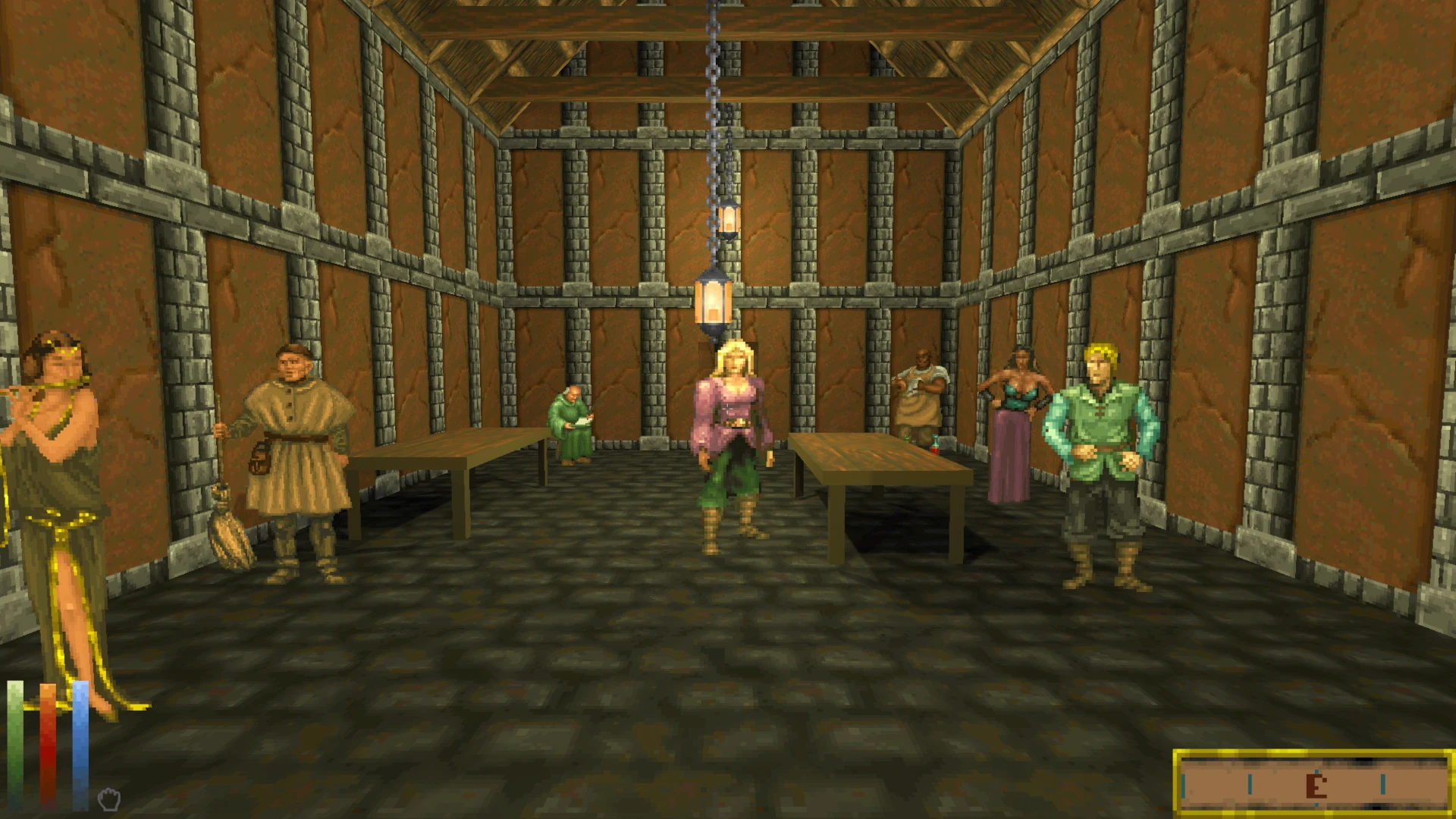 Pixelige Charaktere stehen und sitzen in einer mittelalterlichen Taverne aus Stein und Holz mit hängenden Laternen in Daggerfall Unity
