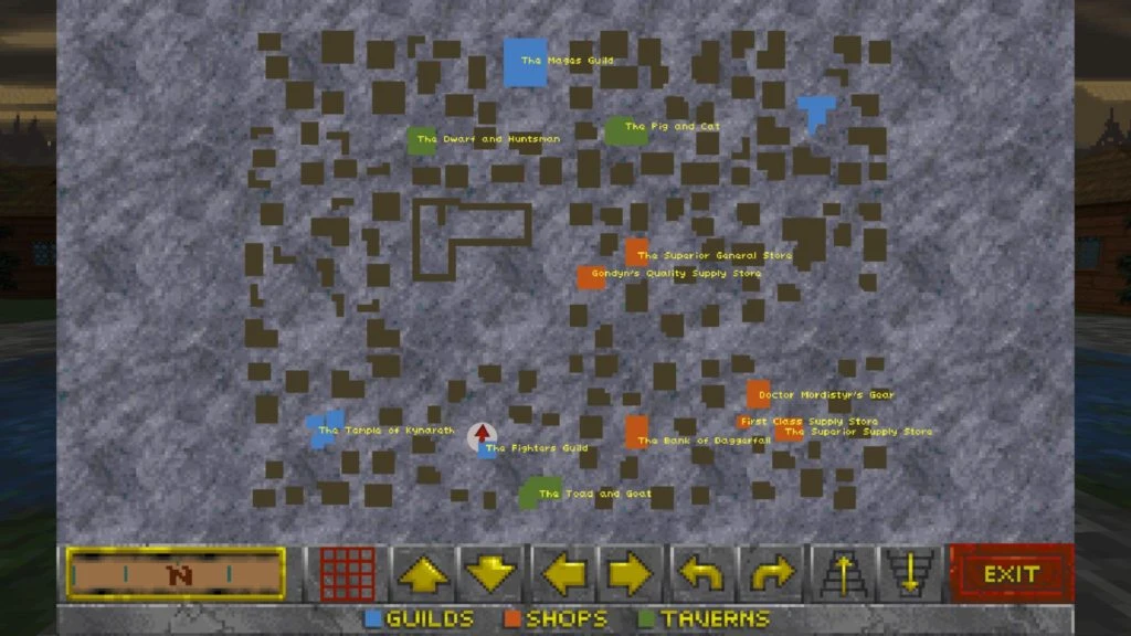 A digital town map interface from Elder Scrolls II Daggerfall Unity displaying guilds, shops, and taverns with navigation buttons