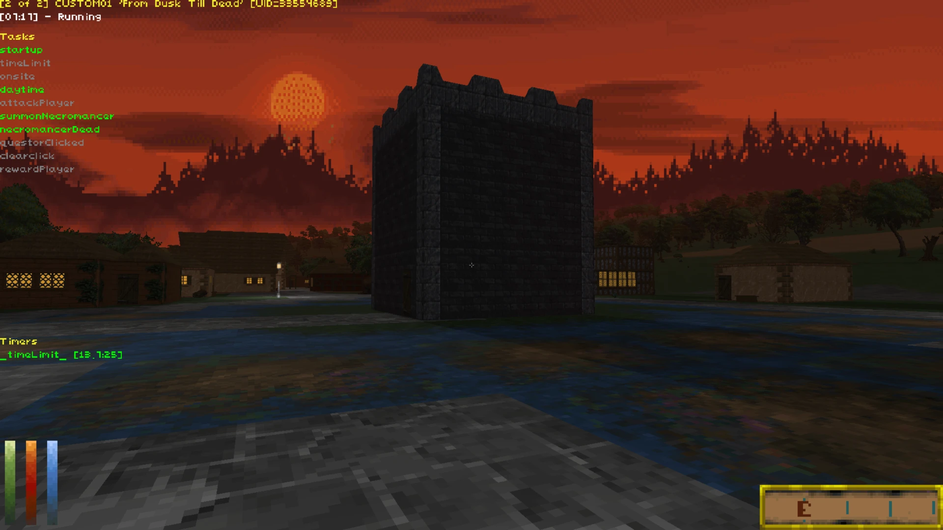 Screenshot aus The Elder Scrolls II: Daggerfall Unity zeigt einen Platz mit einem Steinturm und Häusern bei Sonnenuntergang