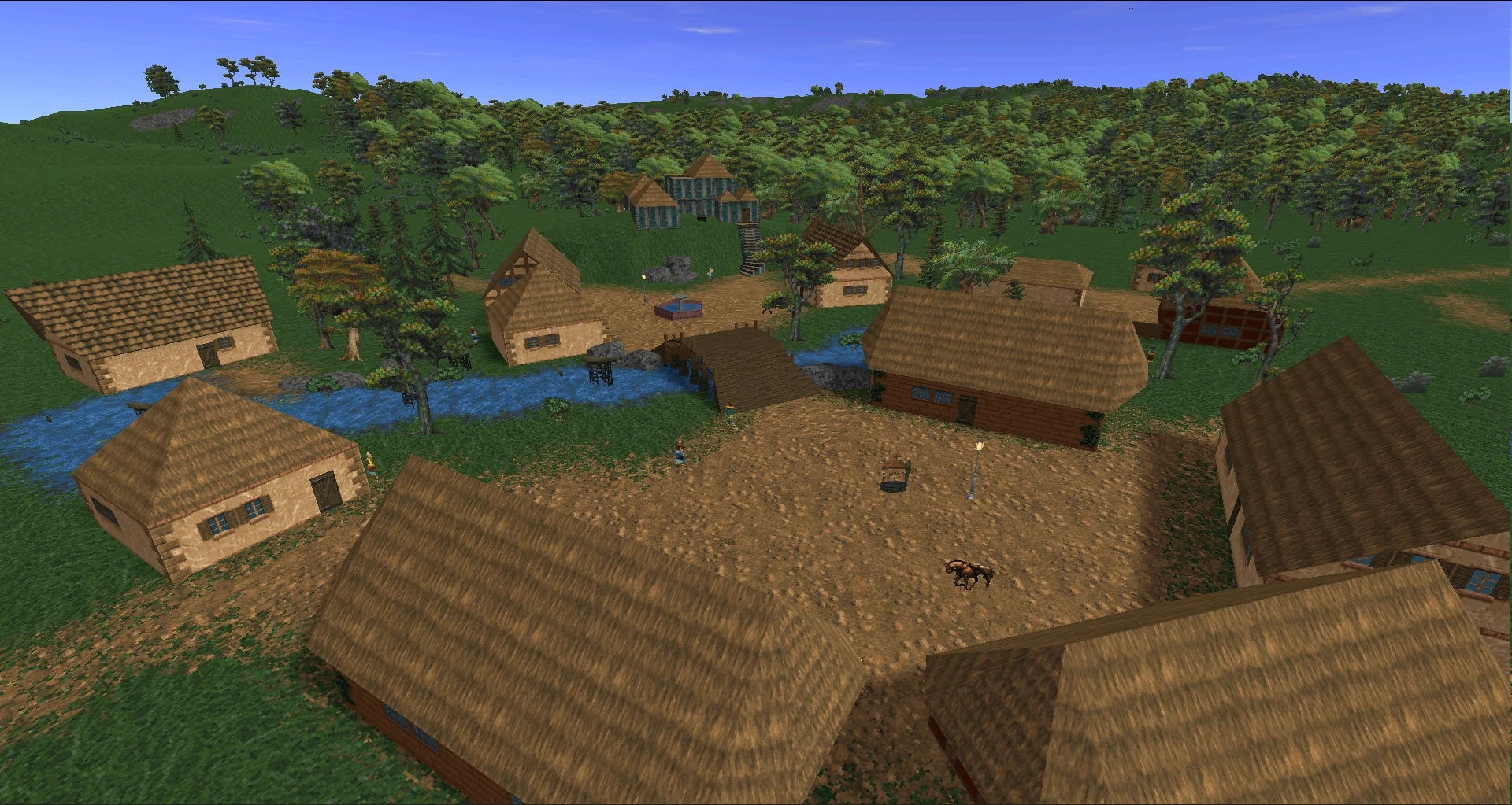Draufsicht auf ein Dorf mit kleinen Häusern, einem Fluss mit Holzbrücke und umliegendem Wald in Daggerfall Unity
