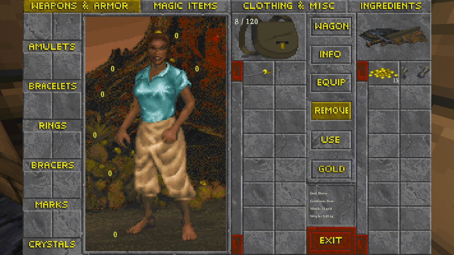 In-game inventory interface showing a female character portrait and various item slots including amulets, rings, and gold coins