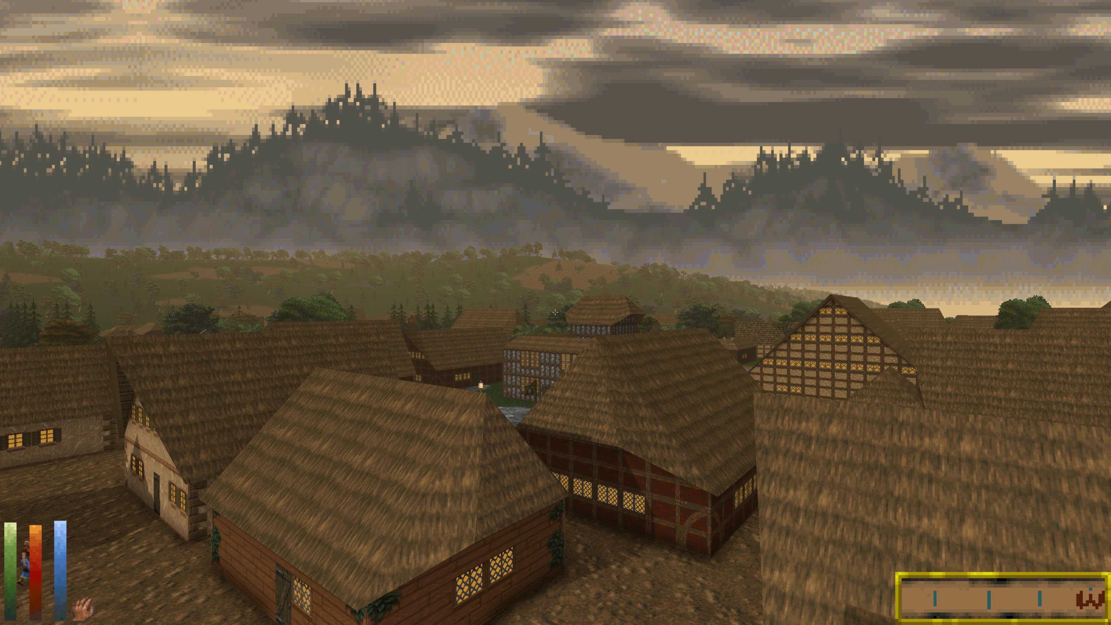 Medieval village with wooden cottages and hills in the distance during sunset in Daggerfall Unity