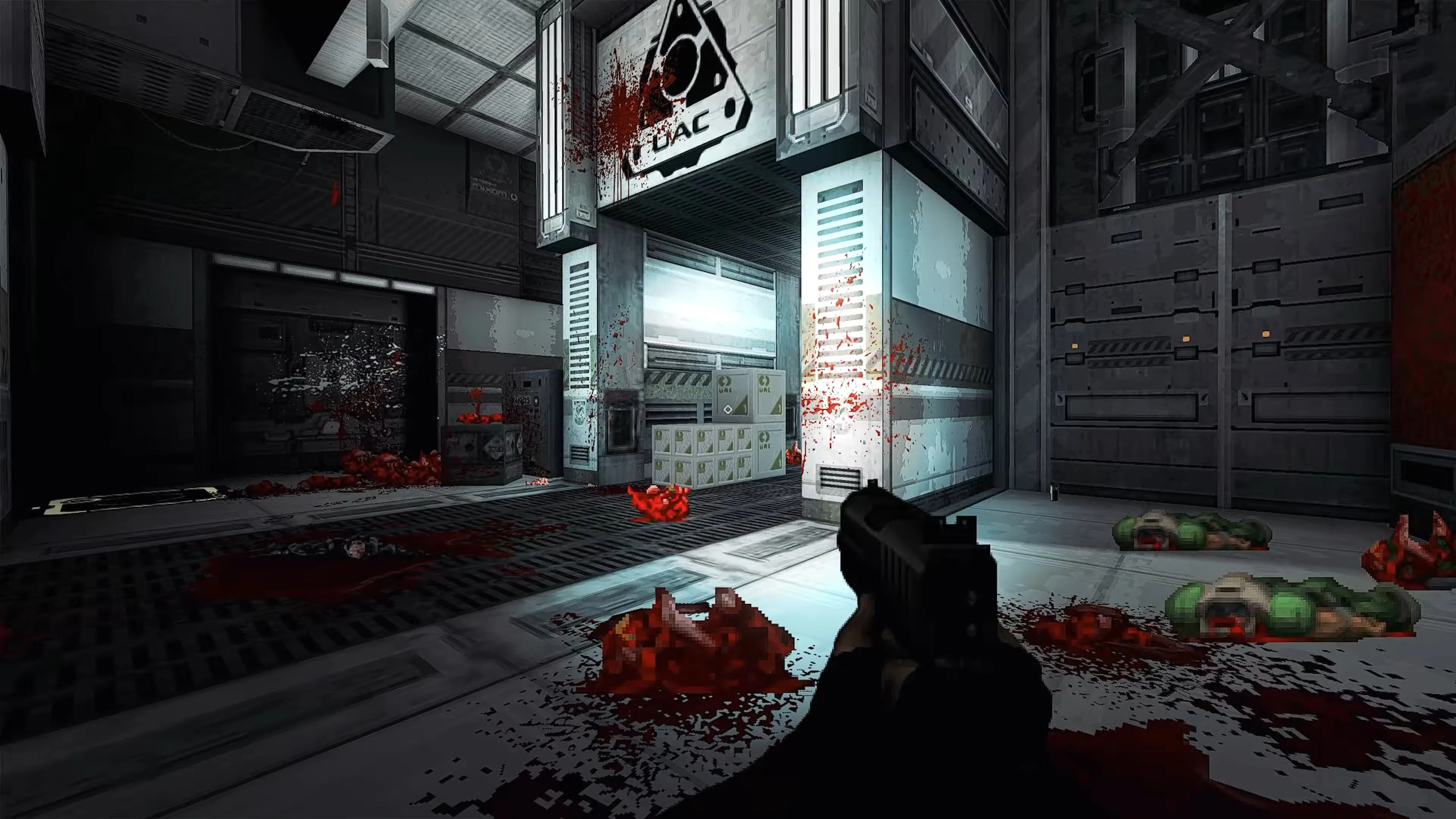 First-person view of a dark sci-fi corridor stained with blood and pixelated gore in Doom 1993 using UZDoom